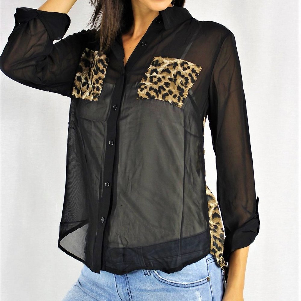Button Front Sheer Leopard Print Long Sleeve Top S
